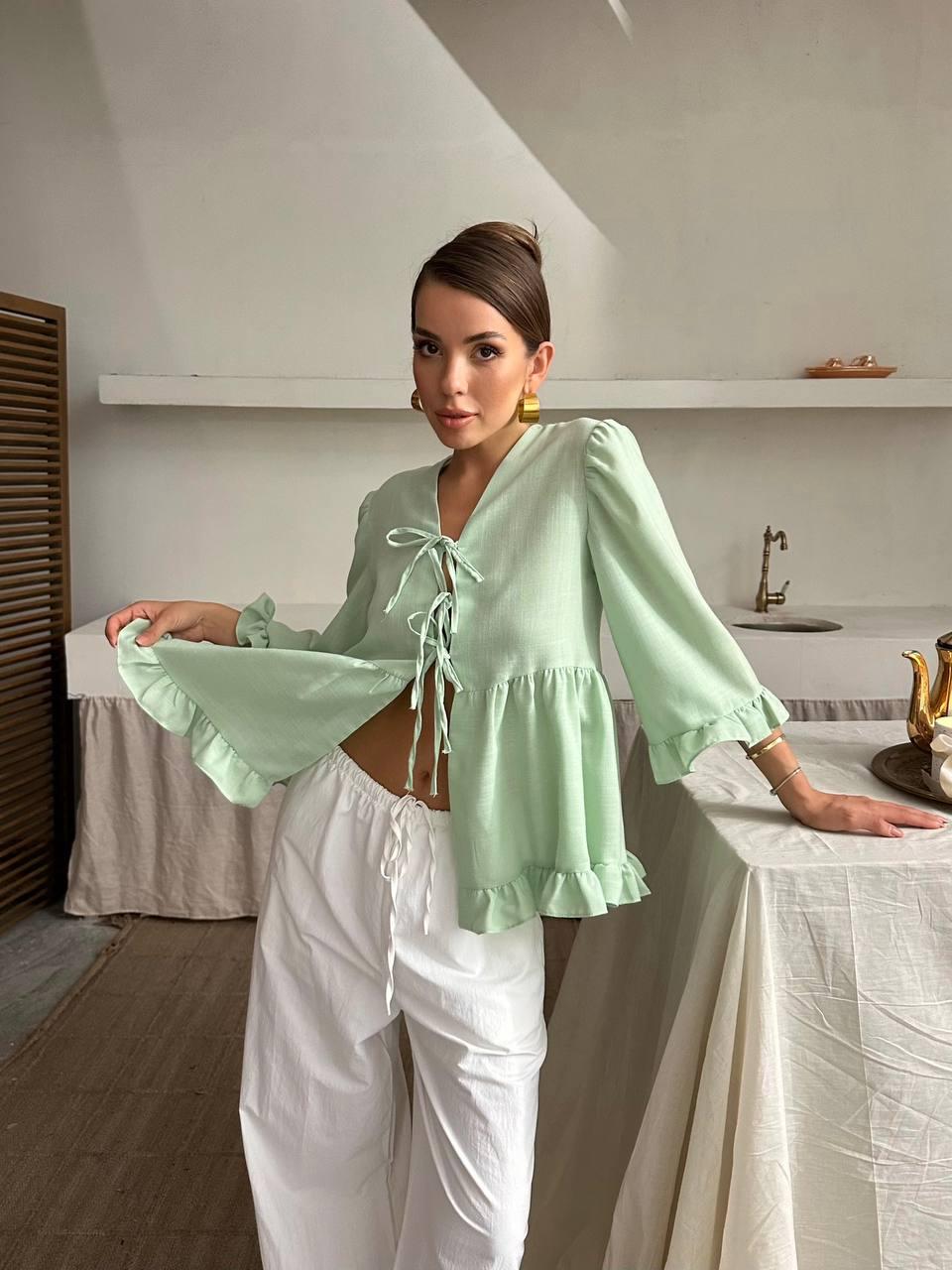 Bağlamalı Keten Bluz Yeşil